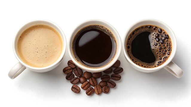 Trio of coffee cups a java journey With shadow. AI GENERATED.