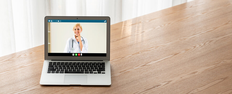 Doctor video call online by modish telemedicine software application for virtual meeting with patient - Powered by Adobe