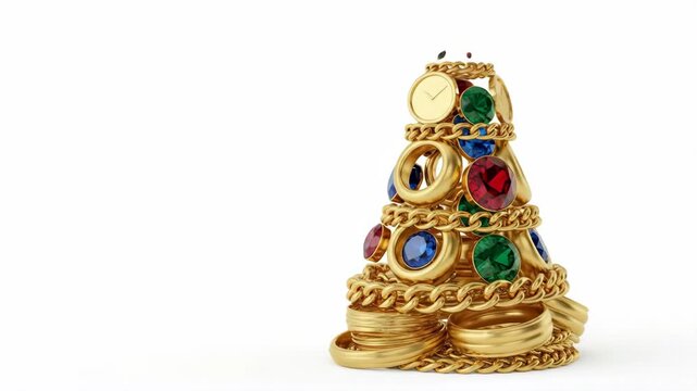Animated Christmas tree made of gold jewelry on a white background. Vertical video of luxury rings and chains stacking into a festive shape. Holiday shopping and wealth concept