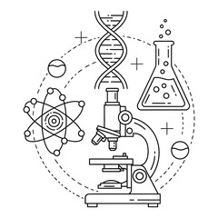Science line art illustration featuring microscope, atom model, flask, and DNA helix representing laboratory research, experiments, chemistry, and biology concepts