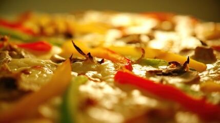 hunger. A close-up of a gourmet pizza highlights melted cheese and fresh toppings at an angle. representing modern convenience.