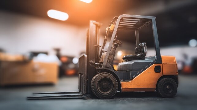 A forklift in an industrial warehouse with soft overhead lighting and a blurred background. safety posters.