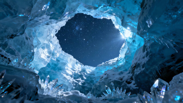 Magical Blue Ice Cave Opening to a Stunning Starry Night Sky with Glowing Ice Crystals and Shimmering Icicles in a Winter Wonderland