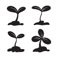 Young sprout and seedling silhouette icon set. Black vector illustration of plant growth