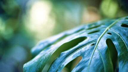 Soft rainforest light illuminating a lush tropical leaf with natural fenestrations in a close-up view. ideal for botanical and gardening visuals.