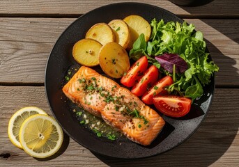 Cooked salmon fillet with roasted potato slices sliced tomatoes and green salad a plate with lemon slices a wooden table