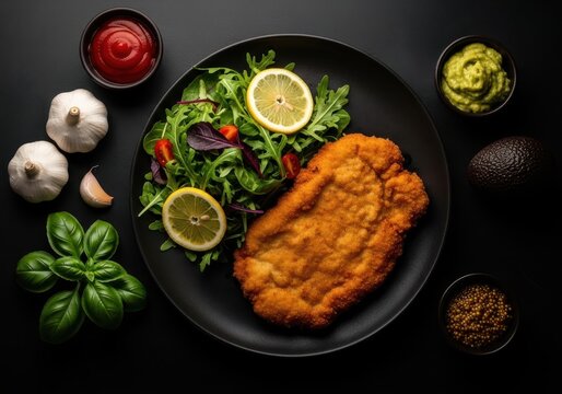 Crispy breaded chicken schnitzel served with fresh green salad lemon slices and assorted condiments a dark - Powered by Adobe