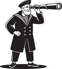 Vintage Sailor Looking Through Telescope Illustration Black and White Graphic