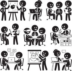 Stick Figure Business People Collaboration in Meetings and Presentations Vector Illustration