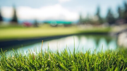 Under the sunny sky, there is a neatly trimmed lawn and a golf course with water barriers. Designed for sports event promotion and stadium branding, promoting event promotion.