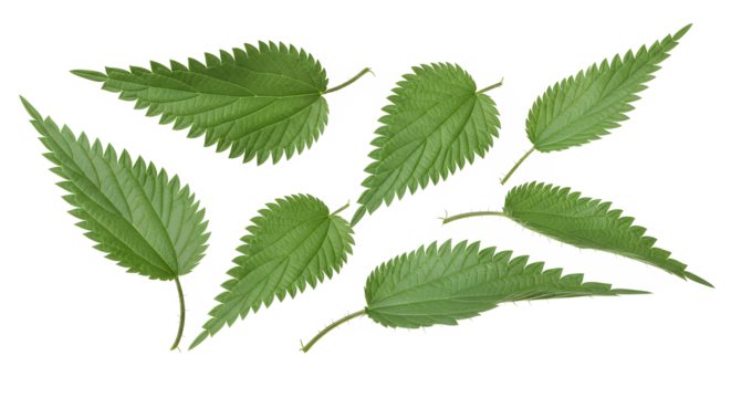 Fresh vibrant green leaves with distinct serrated edges, meticulously scattered on a clean white background, ideal for botanical themes, natural health concepts, and organic design