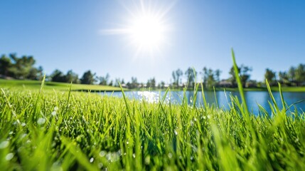 A golf course with manicured grass and water hazards under a sunny sky. event key visuals, club posters, designed for sports event promotions and stadium branding, drives event promotion.