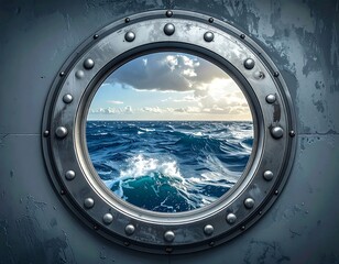 Circular window revealing seascape with waves and sky
