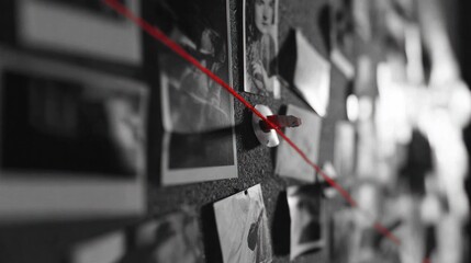 A corkboard covered in black and white photos connected by a red thread. lifestyle magazines, social media lookbooks, designed for influencer and brand collaborations.