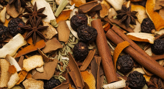 Aromatic Blend of Dried Herbs and Spices Star Anise, Cinnamon, Berries, and Citrus Peels - Powered by Adobe