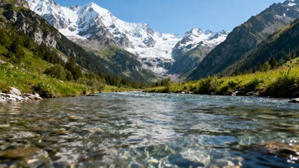 Majestic View of Snow-Capped Alpine Mountains and Glacier Peaks Rising Above a Lush Green Valley with a Clear, Flowing Mountain River or Lake in the Foreground.