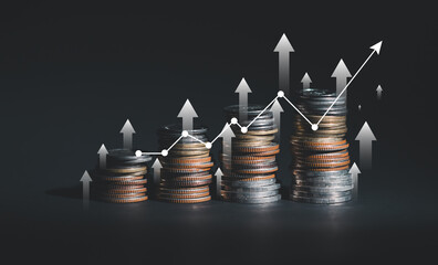 Finance concept increase interest rate or dividend investment mortgage. Stack of silver coins with up arrow, stock market and financial growth graph.