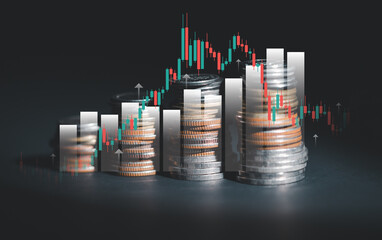 stock market and financial growth graph on a pile of coins with trading charts Finance concept.