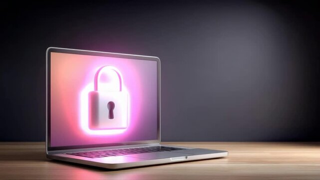 Digital lock laptop screen protecting data security and privacy with glowing padlock icon modern