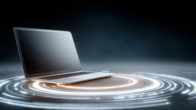 Data security laptop computer protection network glowing circular interface protecting digital