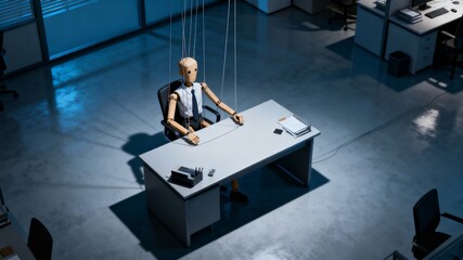 Wooden puppet controlled by strings sitting at an office desk in a symbolic surreal representation of control and corporate manipulation