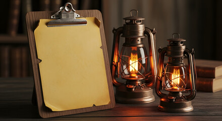Old clipboard, blank paper, glowing lanterns, rustic wooden desk