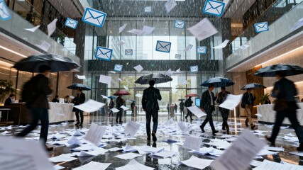 Surreal corporate hallway with business people walking under umbrellas while digital emails rain from the ceiling, futuristic workplace chaos scene