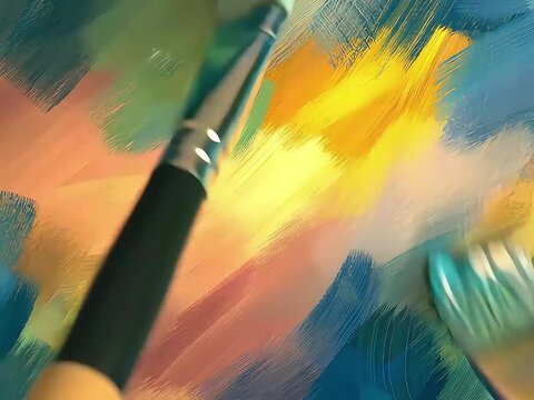 Watch as vibrant colors blend together on a canvas, showcasing the excitement of painting. Brushes glide over the surface, creating beautiful, textured designs in a bright art studio