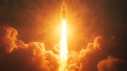 Rocket launching into sky, ascending space exploration future