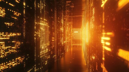 Digital data flowing through futuristic server corridor