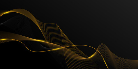 Abstract luxury with shining gold lines waves on black background. Futuristic background of flowing gold lines for banner, poster, cover, brochure, flyer, website