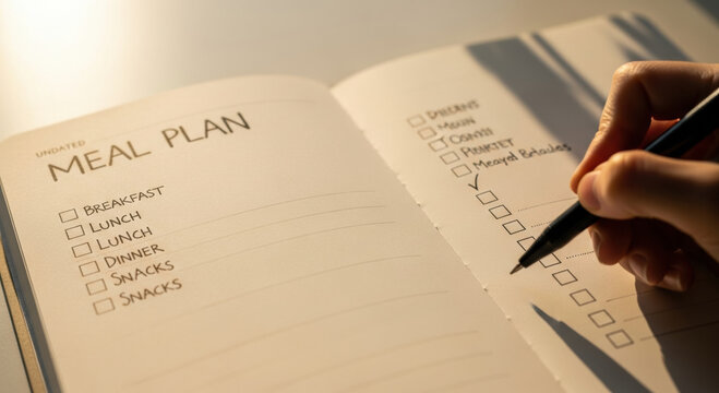 Person follows nutrition meal plan after successful counseling writing in journal to track diet goals. Healthy lifestyle and food organization for wellness and weight loss