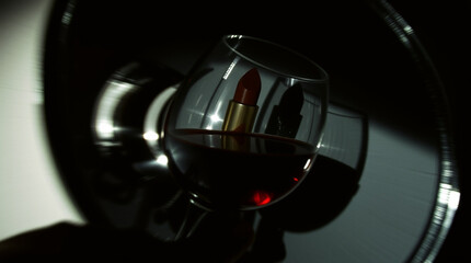 A glass of wine with a red lipstick and a black background