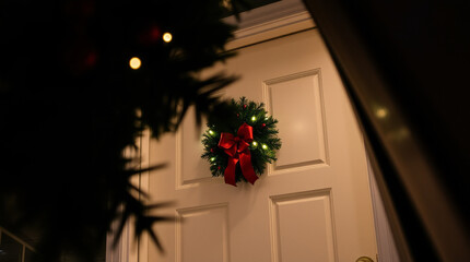 A Christmas flower decorationon the door 