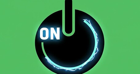 Power button icon with the word on illuminated in blue, set against a vibrant green background, symbolizing activation and energy