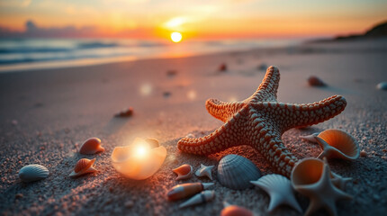 A starfish and seashells on the beach at sunset