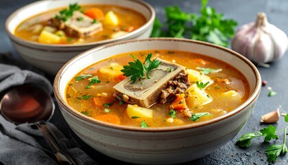 Hearty homemade soup in bowls with vegetables, bone marrow, and fresh parsley, presented alongside garlic