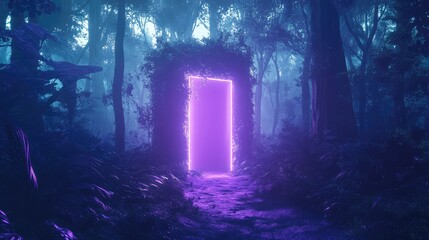 Glowing purple neon portal opening in dark fantasy forest