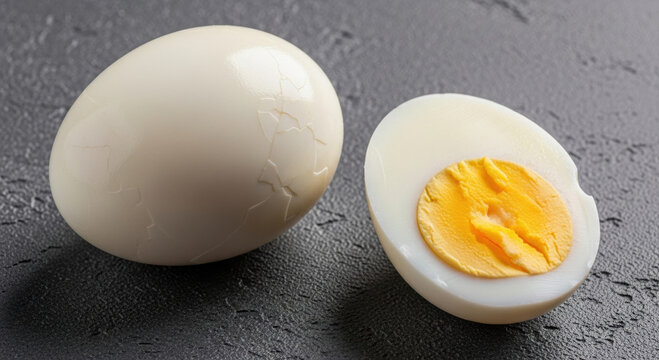 Healthy boiled egg cut in half on grey background. Simple food for nutrition plan and diet counseling. delicious high protein breakfast or snack for healthy eating - Powered by Adobe