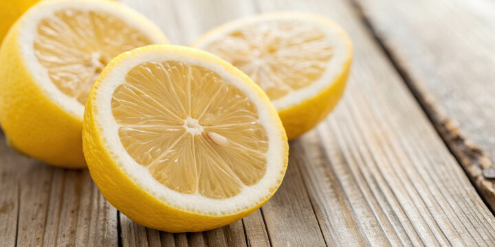 Fresh sliced lemon on rustic wood table part of healthy nutrition plan. Good for diet counseling and meal preparation. citrus fruit full of vitamin C and sour flavor