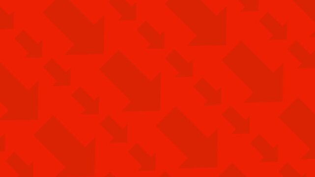 A seamless pattern of bright red arrows pointing downwards, symbolizing decrease, loss, negative trends, stock market crash, or business failure