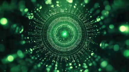 Digital data stream flowing through abstract green tunnel