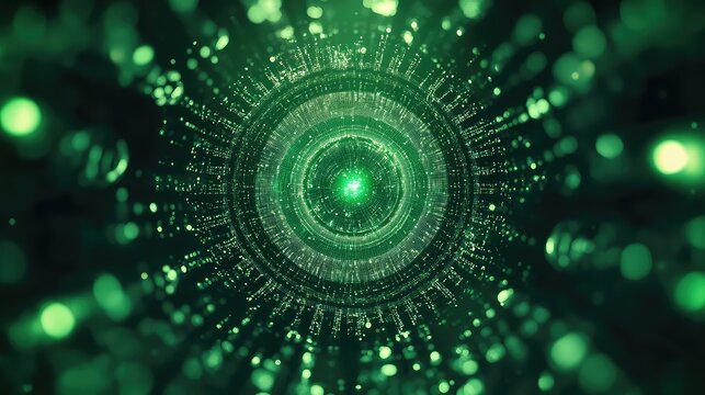 Digital data stream flowing through abstract green tunnel