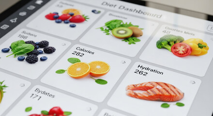Digital diet dashboard on tablet offers personalized nutrition counseling and meal plan. organized interface helps track calories and healthy food choices for wellness