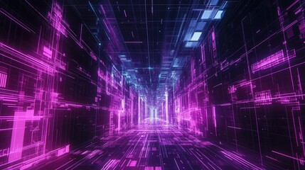 Digital data network connection tunnel with neon lines