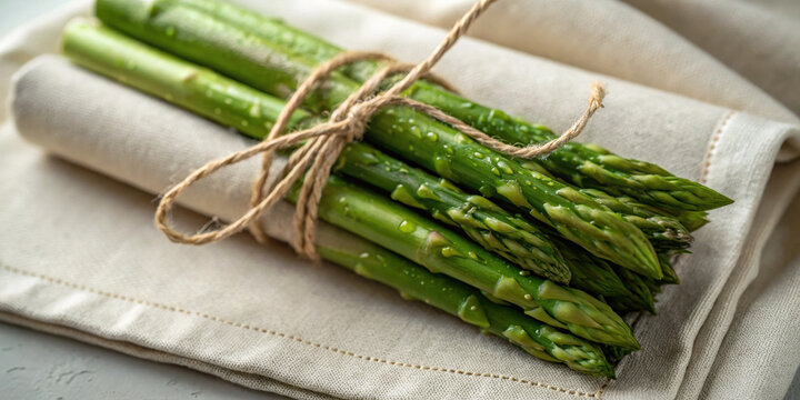 Fresh green asparagus bunch tied with twine part of healthy nutrition plan. Raw organic vegetable for diet food counseling showing healthy eating on kitchen napkin