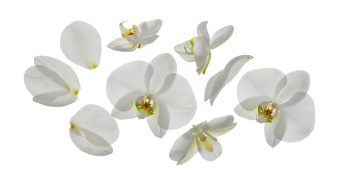 Delicate white orchid petals scattered in a mesmerizing arrangement against a clean white background, exuding elegance and purity