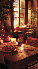 romantic evening dinner setting with a glass of red wine, small plate of food, and lit candles on a wooden table. Features a warm, cozy, and inviting ambiance in a rustic indoor-outdoor restaurant.
