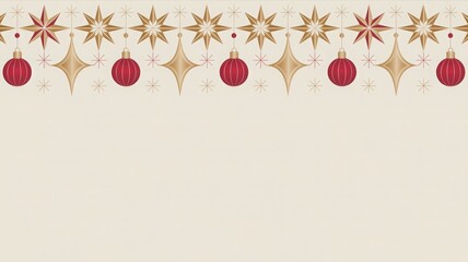 Obraz premium Christmas border with hanging red baubles, gold stars, and small ornaments on a soft beige background, festive layout for holiday cards and seasonal messages.