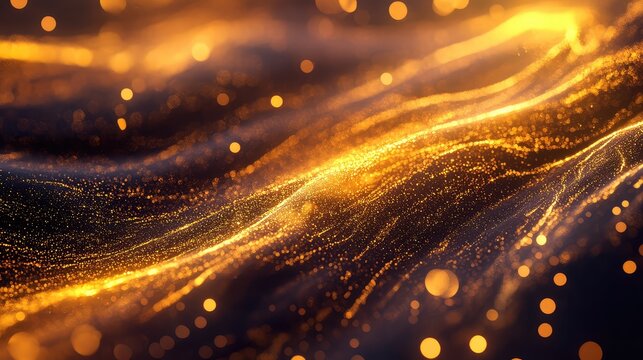 Golden glowing particles forming abstract waves of light